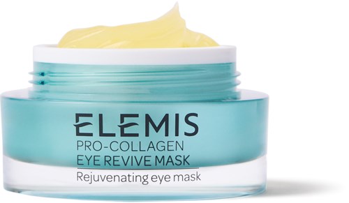 Ett glas med ögonmask med gul kräm, märkt ELEMIS PRO-COLLAGEN EYE REVIVE MASK.