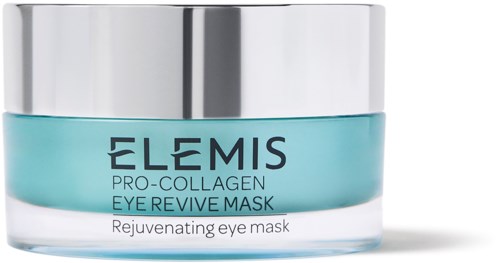 En burk med Elemis ögonmask för att återuppliva ögonen, med silverlock och blått innehåll.