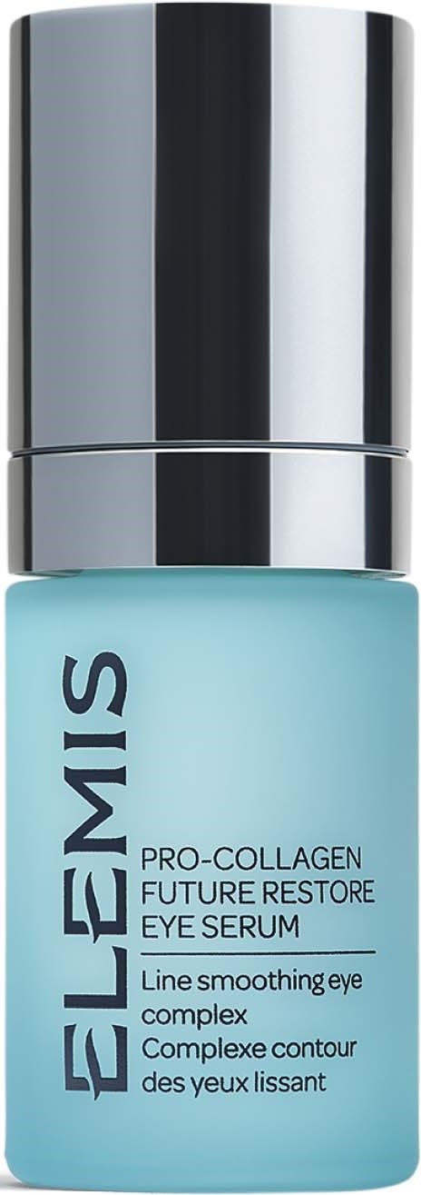 En lyseblå flaske af ELLEMS Pro-Collagen Future Restore Eye Serum med en sølvhætte.
