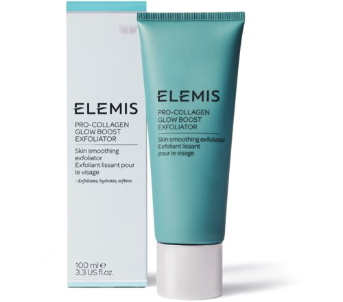 En tub och förpackning av ELEMS Pro-Collagen Glow Boost Exfoliator för huden. Förpackningen är ljusblå och vit.