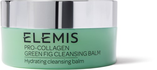 A green jar with a silver lid contains Elemis Pro-Collagen Green Fig Cleansing Balm.