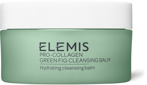 A green jar with a white lid, labeled as Elemis Pro-Collagen Green Fig Cleansing Balm for hydrating skin.