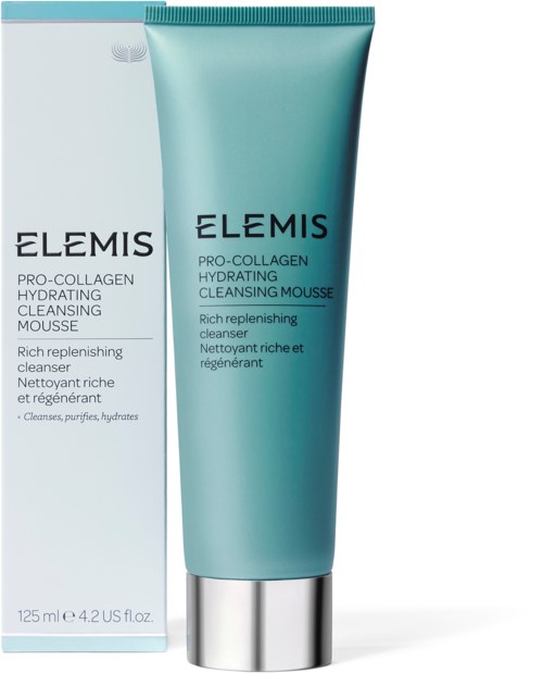 A tube of Elemis Pro-Collagen Hydrating Cleansing Mousse and its box. Both are mainly white and blue, with text.