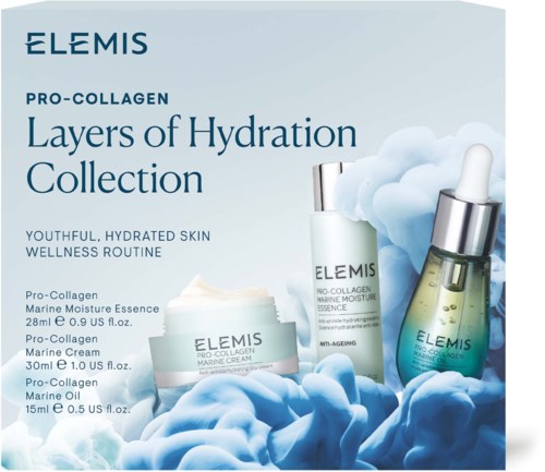 A skincare collection with three products designed for hydration and anti-ageing, featuring blue and clear packaging with clouds.