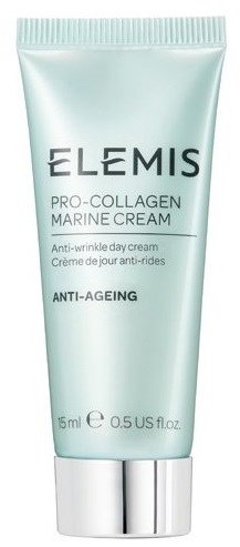 En ljusgrön tub med svart och vit text, märkt 'Elemis Pro-Collagen Marine Cream', 15 ml, anti-aging kräm.