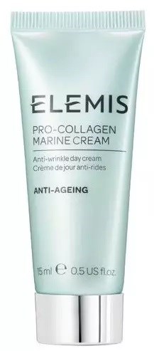 En lys grøn tube mærket Elenis Pro-Collagen Marine Cream, til anti-aldring og rynkedfjernelse, indeholder 15 ml.
