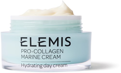 En burk med Elemis Pro-Collagen Marine Cream med krämen som kommer ut ovanpå.