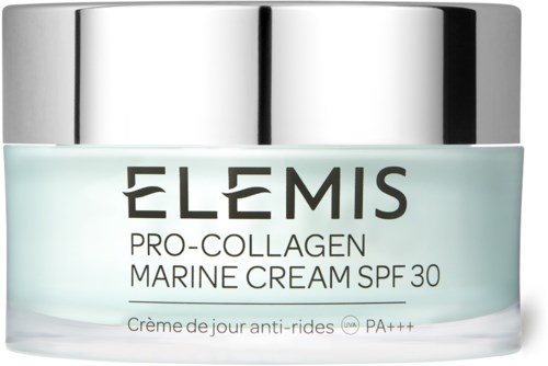 Een pot met Elemis Pro-Collagen Marine Cream met SPF 30, lichte textuur, zilveren deksel.