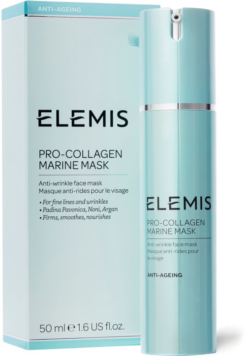 En ljusblå flaska och box för Elemis Pro-Collagen Marine Mask med anti-åldringseffekter.