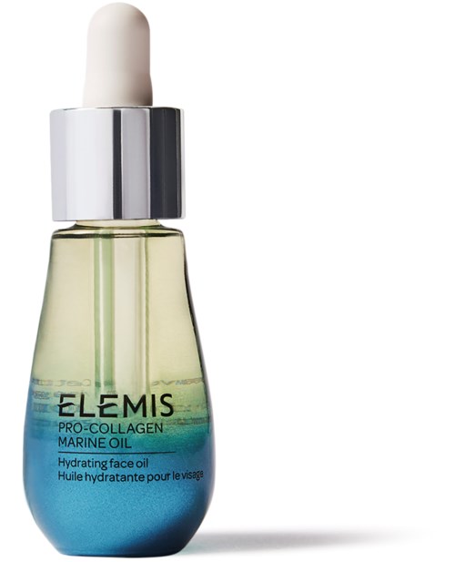 En glasflaska med gul och blå vätska och en vit pipettlock för ansiktsolja. Etiketten läser Elemis Pro-Collagen Marine Oil.
