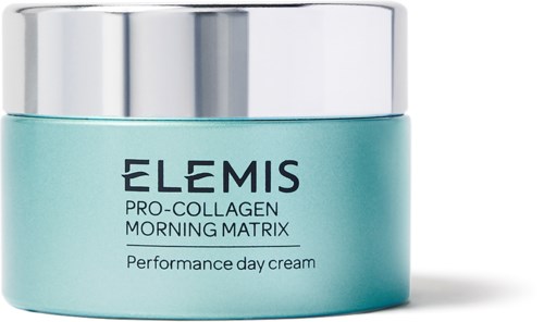 En ljusblå burk märkt Elmis Pro-Collagen Morning Matrix dagkräm med ett silverlock.