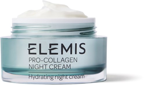 Liten burk med ELEMIS Pro-Collagen Night Cream med vit kräm inuti.