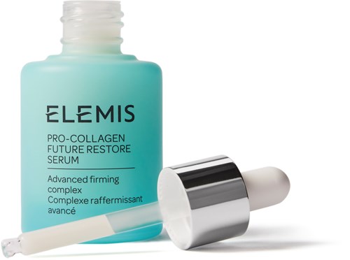 A bottle of Elemis Pro-Collagen serum with a dropper placed next to it.