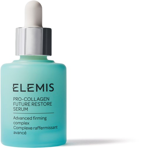 A bottle of Elemis Pro-Collagen Future Restore Serum with a white cap and light blue liquid inside.