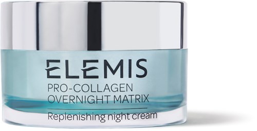 En burk av Elemis Replenishing Night Cream med ett silverlock och en ljusblå behållare.