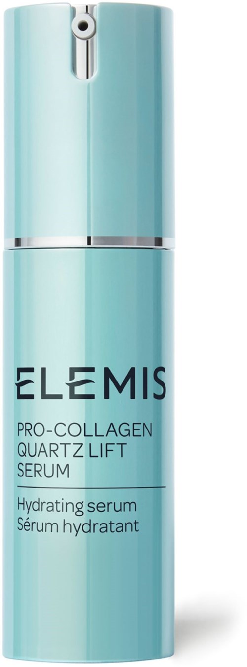 Długa, cienka jasnoniebieska butelka z srebrnym korkiem, oznaczona jako Elemis Pro-Collagen Quartz Lift Serum.
