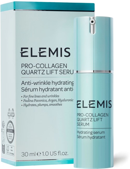 Jasnoniebieska butelka i pudełko z serum Elemis Pro-Collagen Quartz Lift, produkt do pielęgnacji skóry na zmarszczki i nawilżenie.
