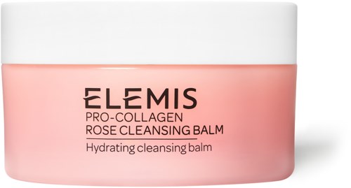 A pink and white jar of Elemis rose cleansing balm with black text on front.