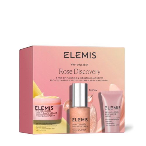 Beauty set with rose-themed skincare products, including a cleansing balm, serum, and marine cream.