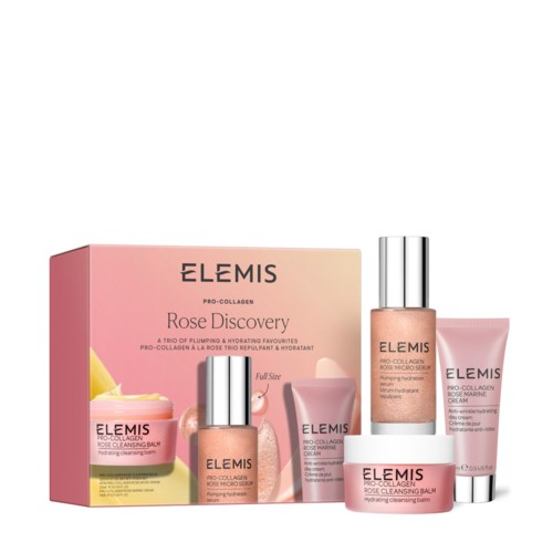 A set of skincare products with pink packaging, including creams and serums, arranged in front of a box labeled 'Rose Discovery.'