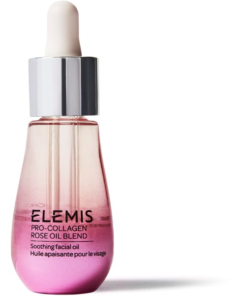 En rosa och klar hudvårdsolja i flaska med vit pipettlock och silverring, märkt Elemis Pro-Collagen Rose Oil.
