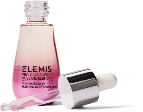 En rosa och klar ansiktsolja i flaska med silverlock och pipett, märkt Elemis Pro-Collagen Rose Oil Blend.