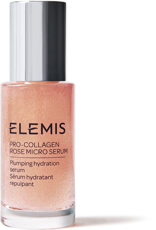 A small bottle of Elemis Pro-Collagen Rose Micro Serum with a silver cap and pink liquid inside.