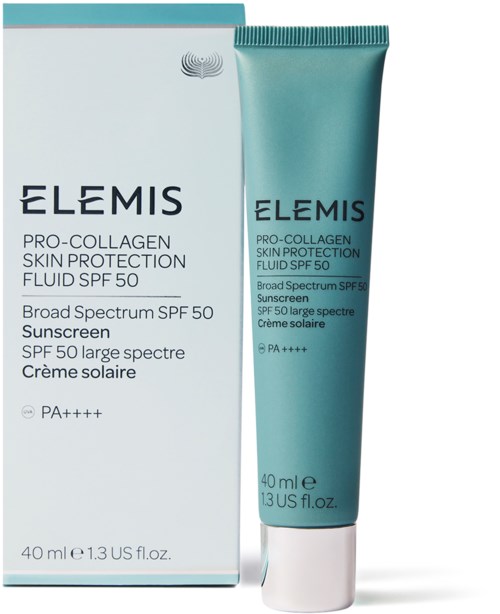 En tub och låda med Elemis Pro-Collagen Skin Protection Fluid SPF 50 solkräm, med bredspektrumskydd och 40 ml storlek.