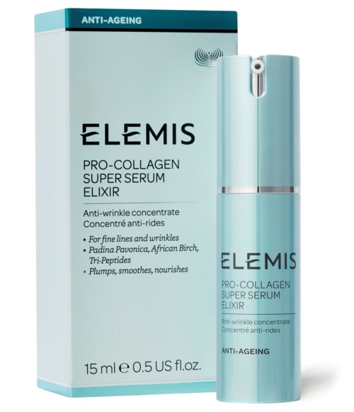 En boks og flaske av Elemis Pro-Collagen Super Serum Elixir, rosa og blå, for anti-rynke hudpleie.
