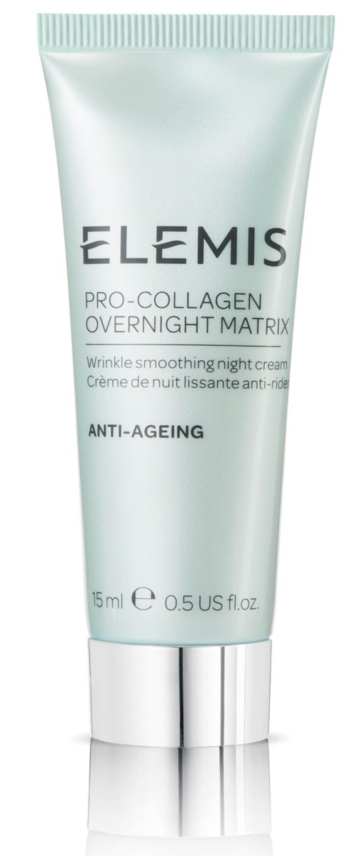 En vit tub med Elemis Pro-Collagen Overnight Matrix anti-aging kräm med svart text och silverlock.