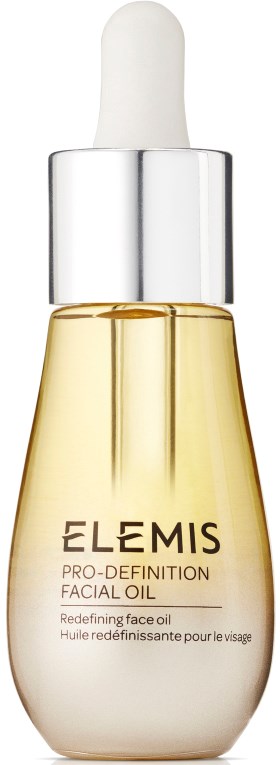 En dråbe flaske med Elemis Pro-Definition Facial Oil, med sølvhætte og klar gullig olie indeni.