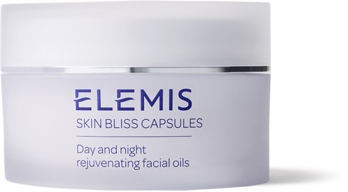 Een witte container met Elumis Skin Bliss Capsules voor dag- en nachtverzorging.