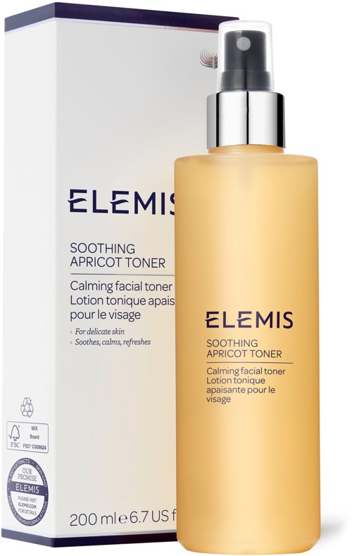 En flaska Elemis Soothing Apricot Toner med en box bakom. Flaskan är ljus orange med en spraytop.