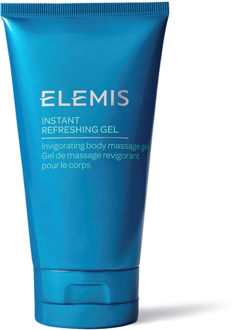A blue tube of Elemis Instant Refreshing Gel for invigorating body massage. Text on the tube is visible.
