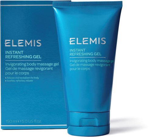 A blue tube and box of Elemis Instant Refreshing Gel are shown, intended for body massage and relaxation.