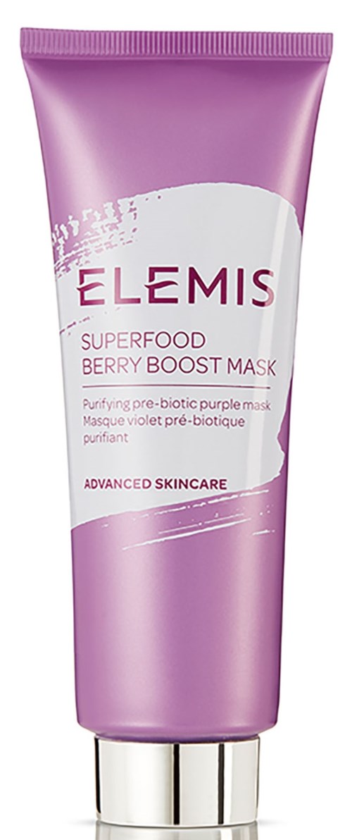 Violetti putkilasi Elemis Berry Boost Mask, jossa on valkoinen ja vaaleanpunainen etiketti, seisoo pystyssä.
