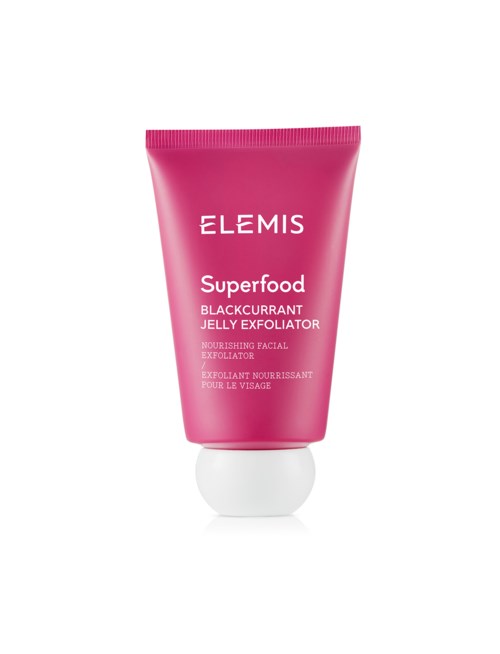 Rosa tube merket ELEMIS Superfood Solbær Jelly Eksfoliator med hvit hette.