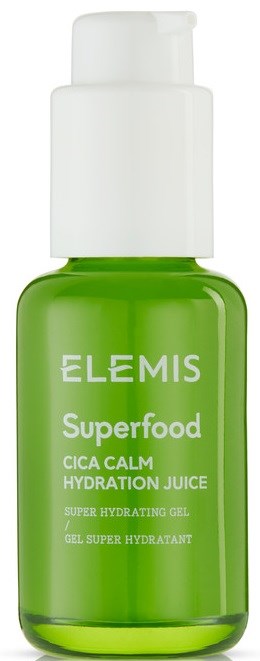 En liten grønn flaske med hvit lokk, merket 'Elemis Superfood Cica Calm Hydration Juice.'