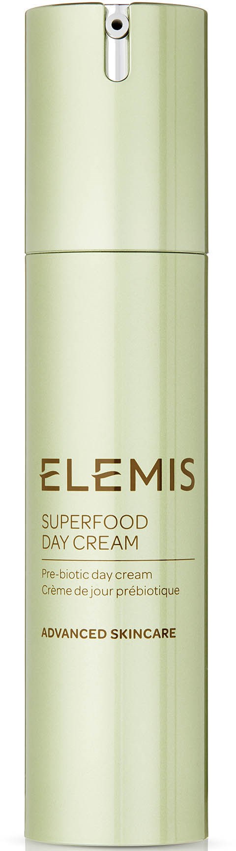 En lång, ljusgrön flaska med en silverstopp. Märket är Elemis, för dagkräm hudvård.
