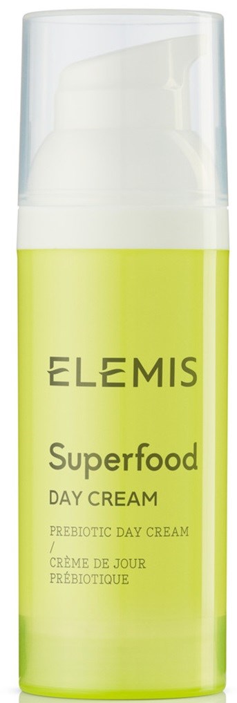 A bottle of Elemis Superfood Day Cream, light green color with a white pump. It is for daily skin use.