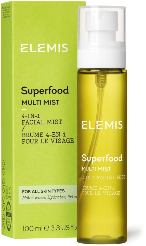 A green box and a yellow spray bottle for facial mist, labeled 'Elemis Superfood Multi Mist' for all skin types.