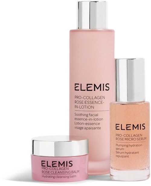 Tre rosa hudpleieprodukter fra Elemis: en rensende balm, en rose essence lotion og et mikroserum.