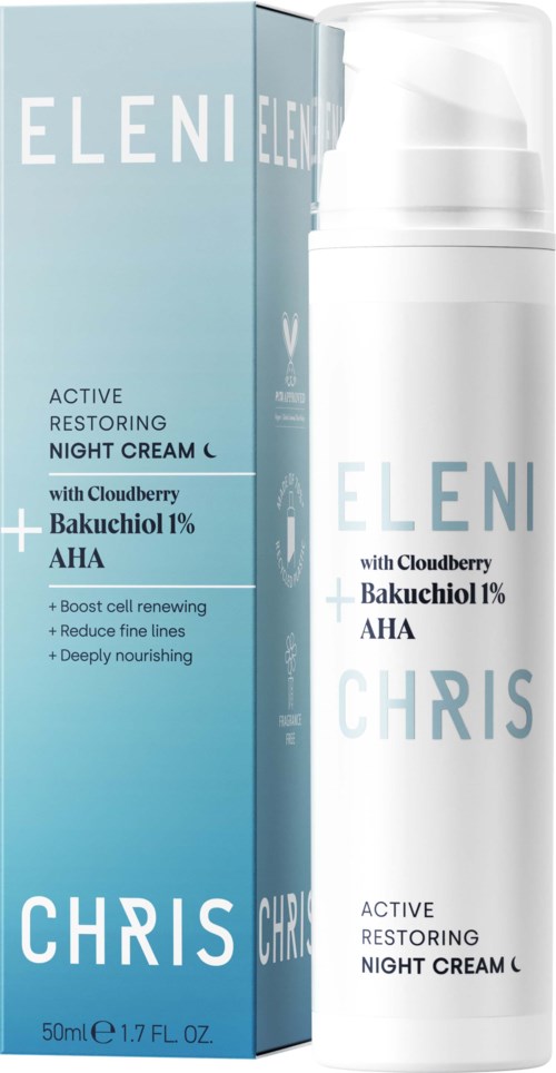 En hvid flaske og en blå boks natcreme med cloudberry, Bakuchiol 1% og AHA til hudpleje.