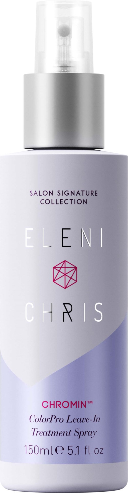 En sprayflaske med lilla og hvidt design, nævner salon kollektion og behandling spray, 150 ml.