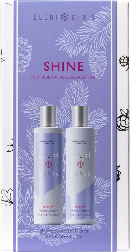 Twee flessen haarverzorgingsproducten aangeduid als 'shampoo' en 'conditioner' voor normaal en gekleurd haar op een paarse achtergrond.