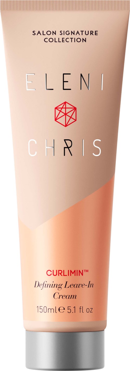 Een tube krulcreme van de Eleni en Chris Salon Signature Collection met tekst en een geometrisch logo.