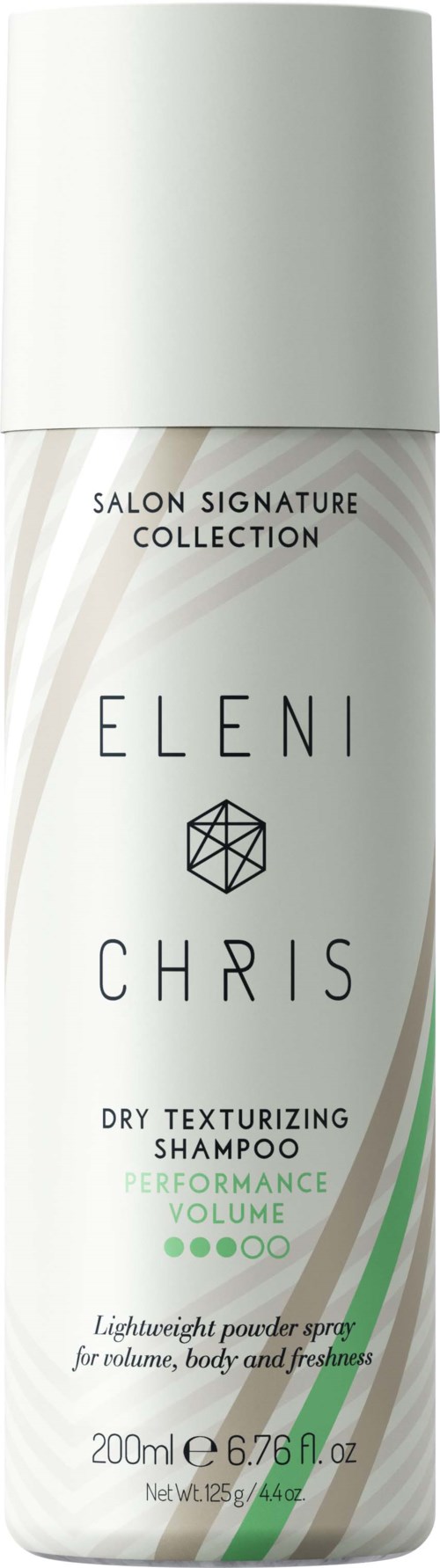 En hvid flaske med tørt teksturiserende shampoo med grønne accenter, mærket for volumen og ydeevne.