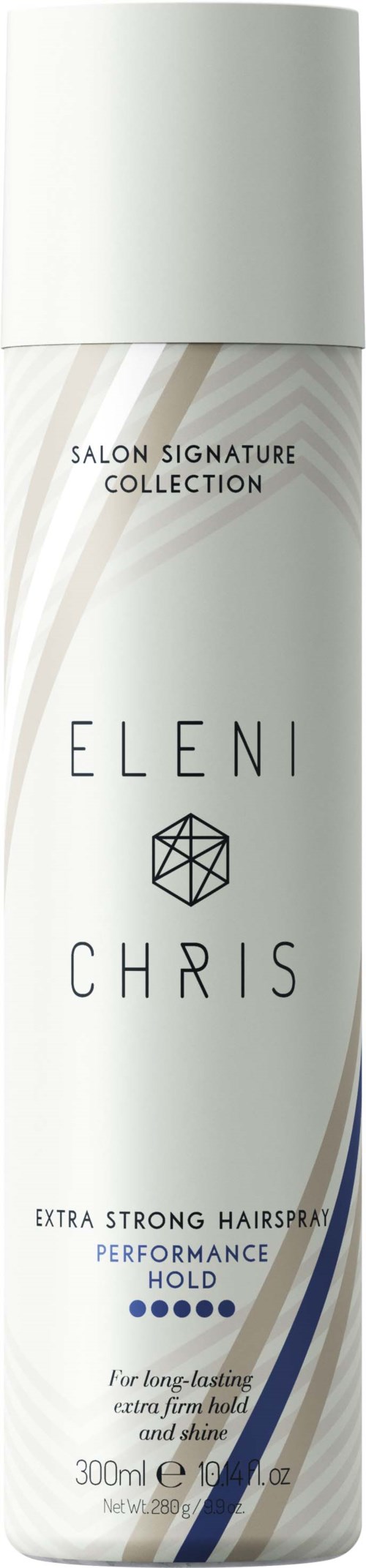 Een witte spuitfles met zwarte en blauwe tekst, gemarkeerd als haarspray, onderdeel van een salonscollectie.