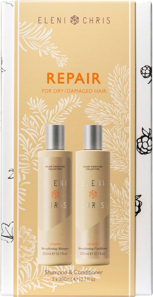 De afbeelding toont een haarreparatieset met shampoo en conditioner voor droog of beschadigd haar.