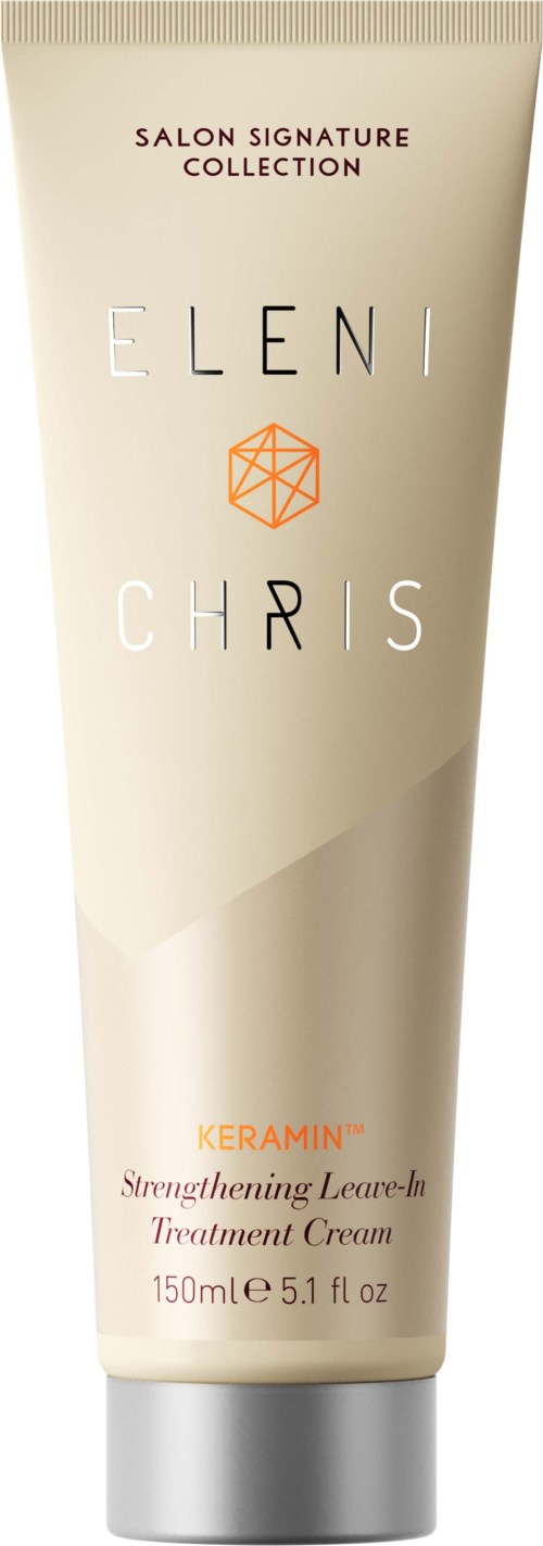 En beige tube med Eleni og Chris Keramin leave-in behandlingcreme med sølvhætte.